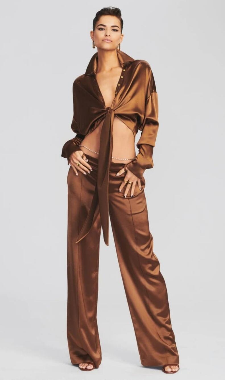Retrofete Eliza Pant in Cognac Brown Size XS Lined Wide Leg Satin NWT